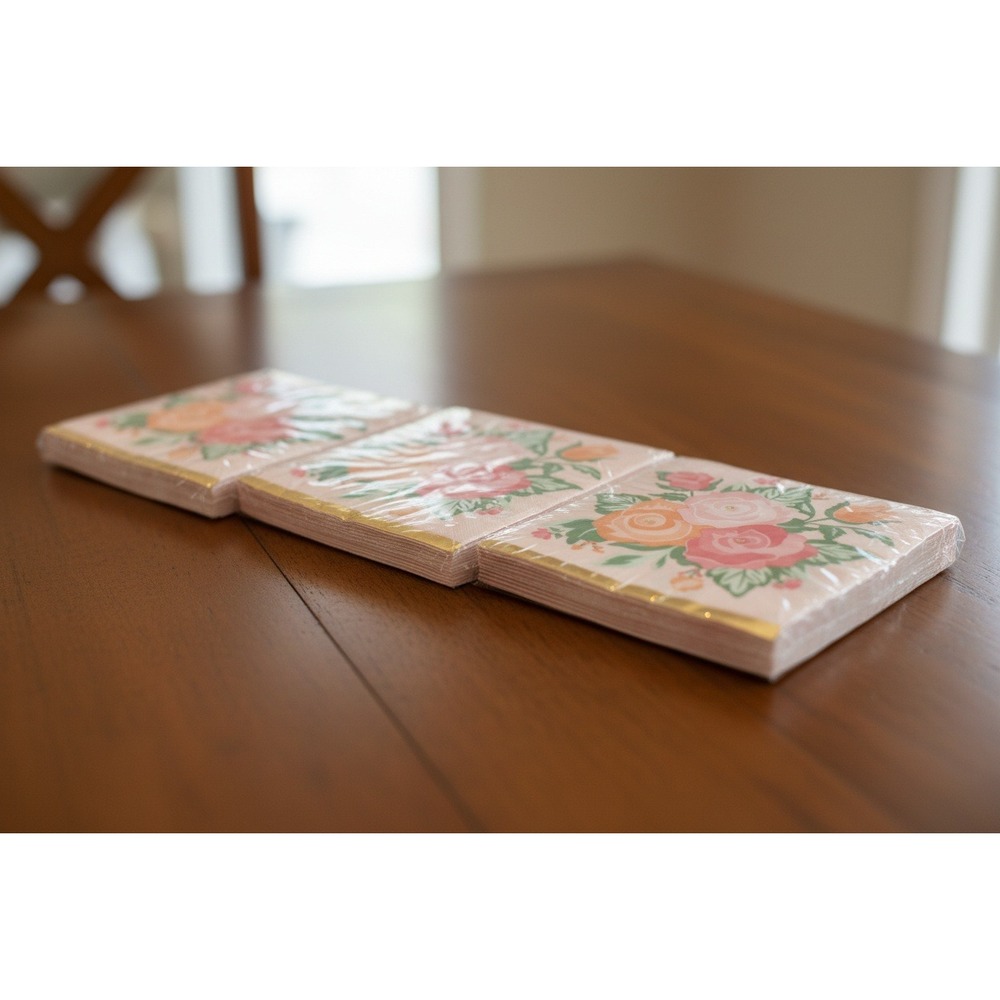 321 Party Pink Blooms Floral Paper Napkins 3 Packs 16ct Each 2-Ply Gold Trim